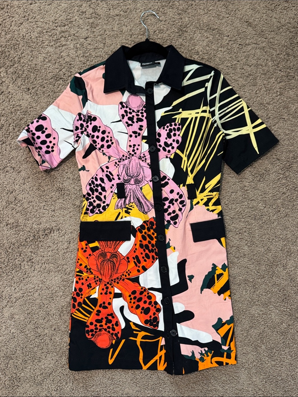 Desigual Bold Floral Button-Front Mini Dress - Pink, Black, Yellow, Orange